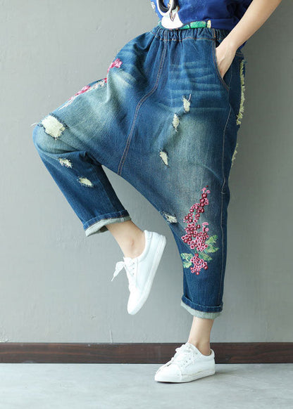Boutique Dark Blue Embroideried Pockets Elastic Waist Ripped Jeans Spring