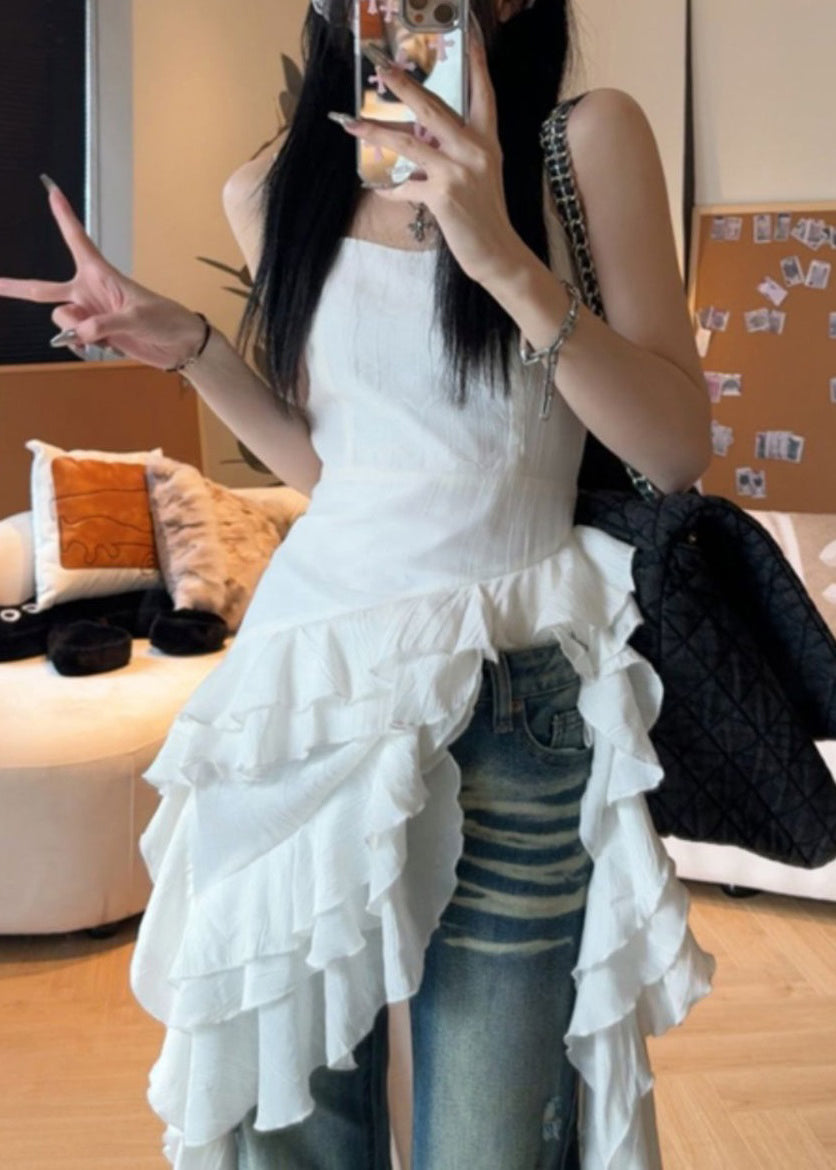 French White Ruffled Cotton Spaghetti Strap Dresses Sleeveless