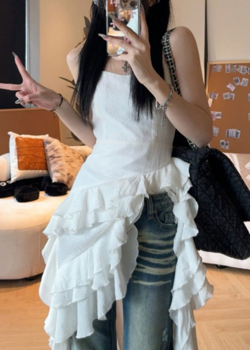 French White Ruffled Cotton Spaghetti Strap Dresses Sleeveless