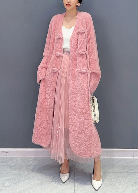 Pink V Neck Button Woolen Trench Coat Long Sleeve