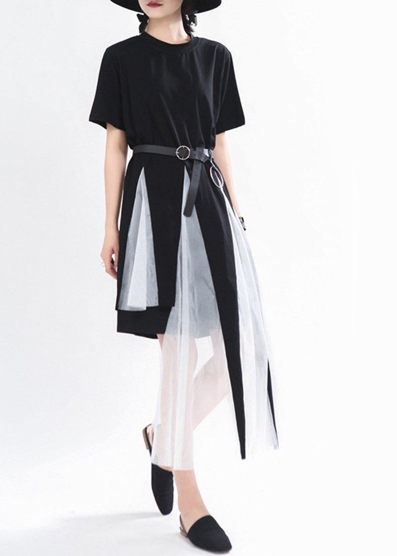 Black Asymmetrical Design Mid Summer Cotton Dress