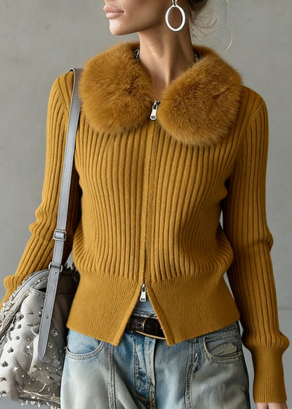 Ginger Yellow Fur Collar Double Zip Up Knit Coat
