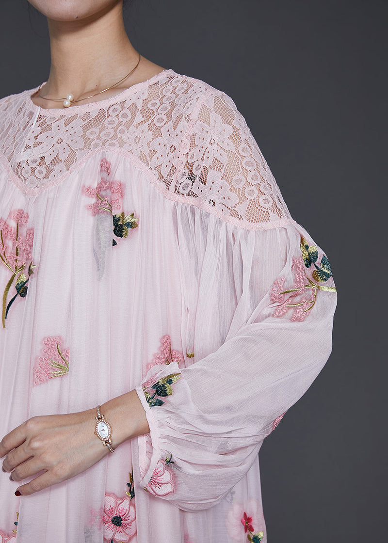 Stylish Pink Embroidered Hollow Out Silk Velour Maxi Dresses Spring