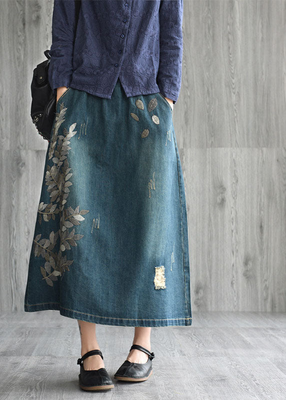 Natural Dark Blue Pockets Embroideried Cotton Denim Skirts Spring