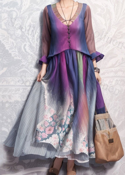 Stylish Gradient Color V Neck Print Silk Dress Long Sleeve