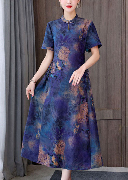 Unique Blue Mandarin Collar Tie Waist Tie Dye Silk Dresses Short Sleeve