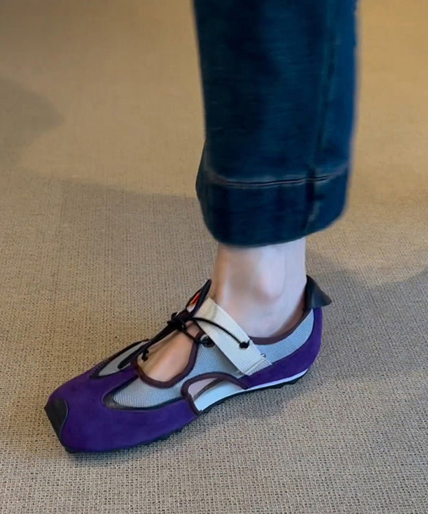Purple Hollow Out Lace Up Splicing Flat Shoes for