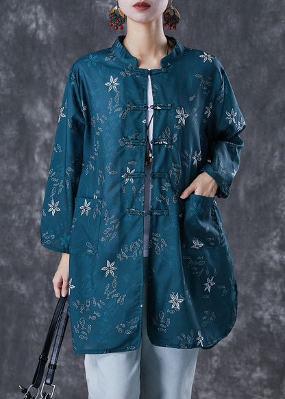 Blackish Green Print Chinese Button Cotton Shirt Fall