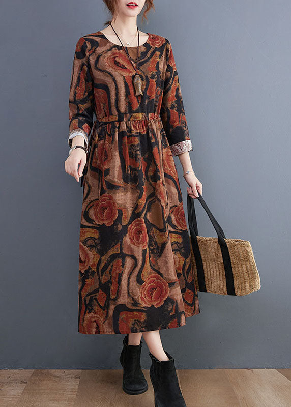 Khaki Pockets Print Cotton Holiday Dress O-neck Long Sleeve