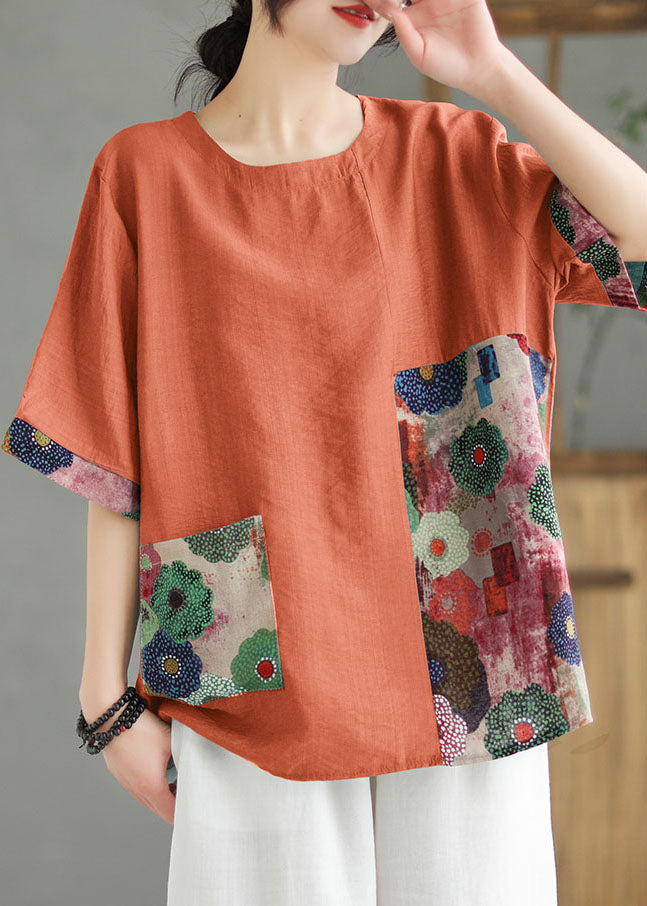 Orange O Neck Print Patchwork Linen T Shirt Top Summer