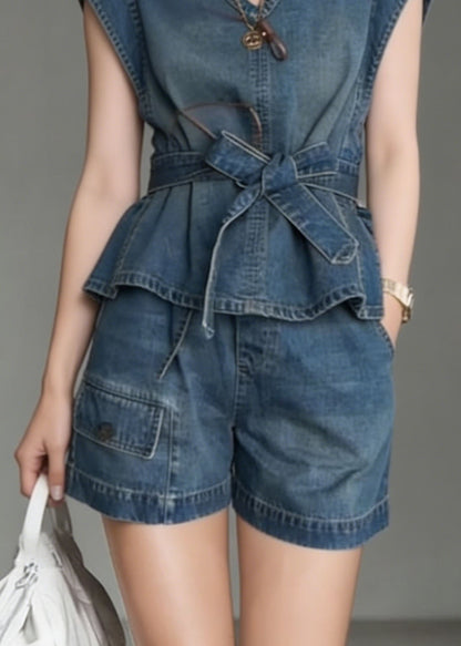Blue V Neck Bow Denim Two Piece Set Outfits Summer