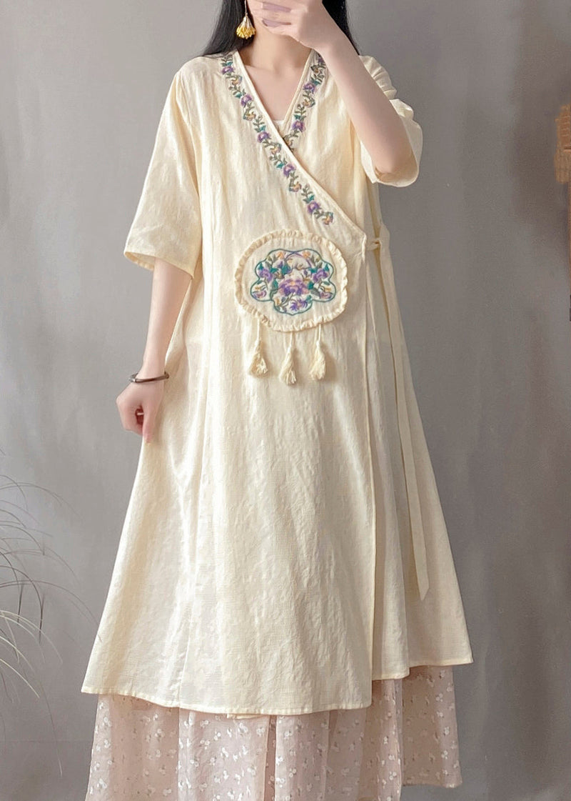 Yellow V Neck Embroidered Lace Up Cotton Cardigan Summer