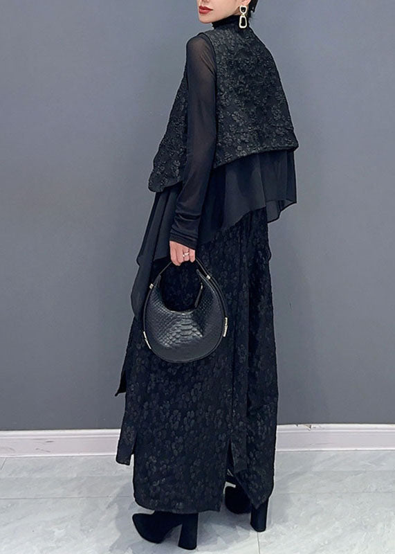 Art Black V Neck Print Waistcoat and Wide Leg Pants Two Pieces Set Fall
