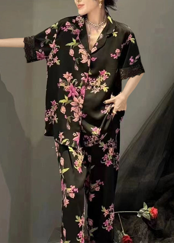 Black Notched Print Button Ice Silk Two Pieces Set Summer