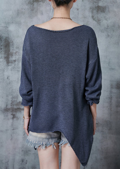 Grey V Neck Asymmetrical Design Knit Sweaters Fall
