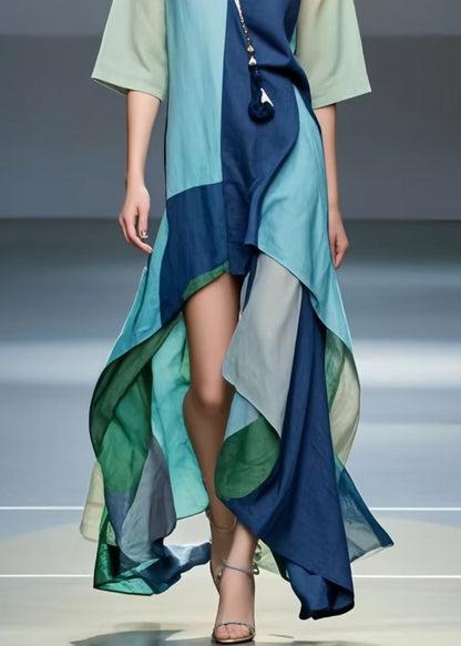 Fine Polychrome Asymmetrical Low High Design Cotton Dresses Summer
