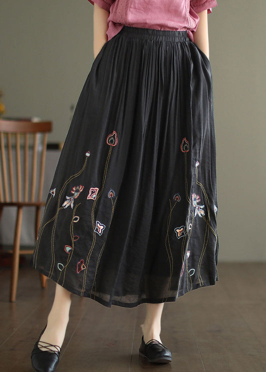 Black Elastic Waist Embroideried Linen Silk Skirt Spring
