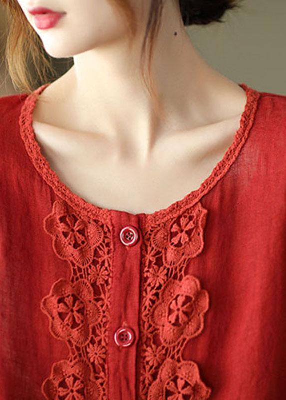 Modern Red Hollow Out Embroideried Pockets Fall Long Sleeve Shirt Tops