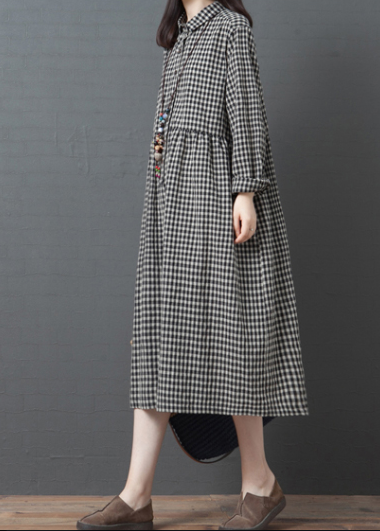 French Black Plaid Clothes Lapel Patchwork Traveling Dresses