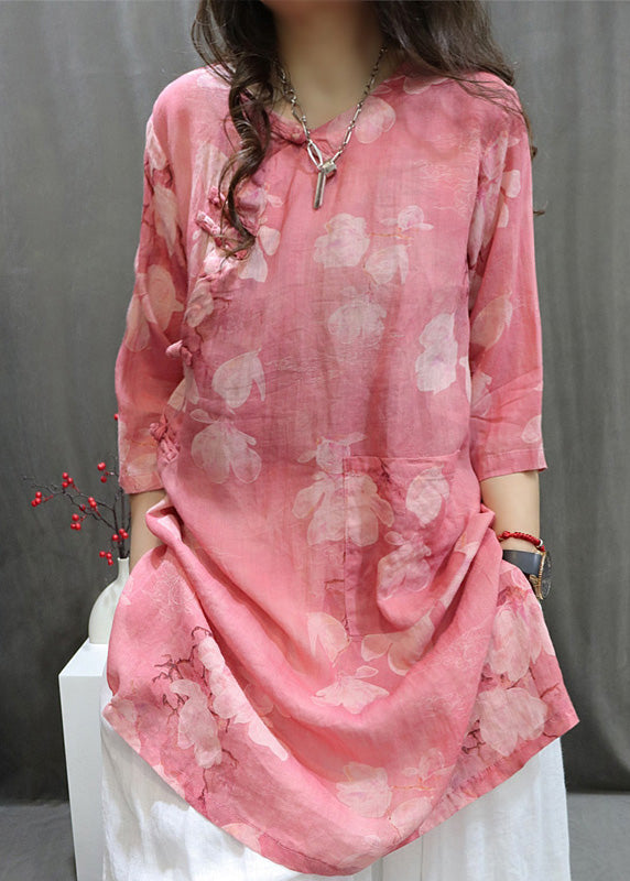 Handmade Pink O-neck Print Button Top Summer
