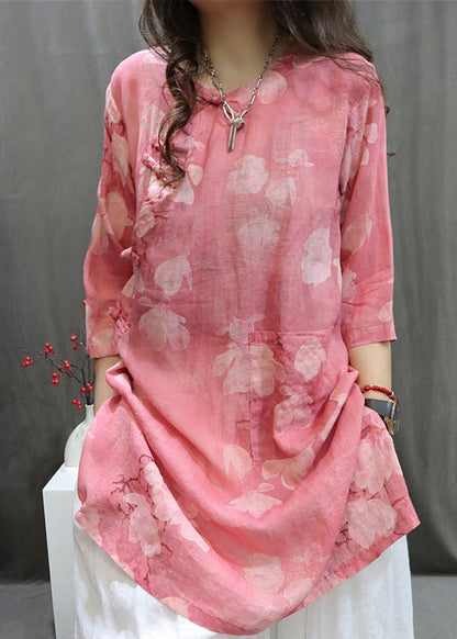 Handmade Pink O-neck Print Button Top Summer