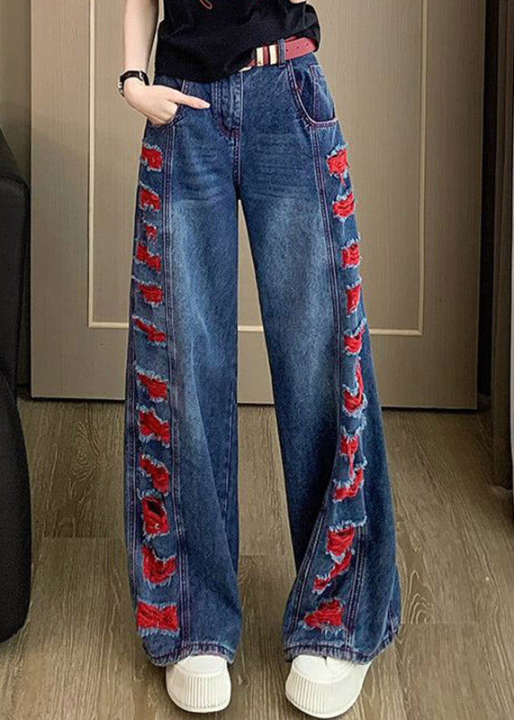 Blue Patchwork Hole Wide Leg Jeans Spring
