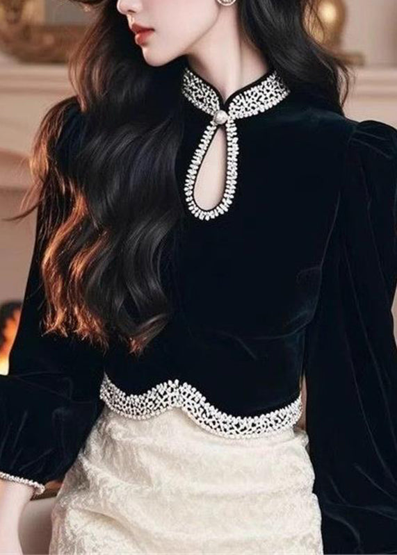 Black O-neck Patchwork Silk Velour Top Lantern Sleeve