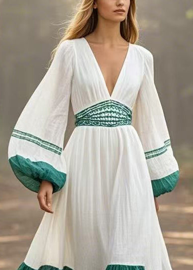 White V Neck Patchwork Exra Large Hem Dresses Lantern Sleeve
