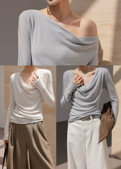 White Turtle Neck Wool Knit Blouse Top Spring