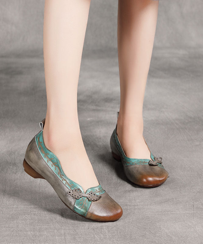 Grey Print Cowhide Leather Flat Shoes for Splicing Flats