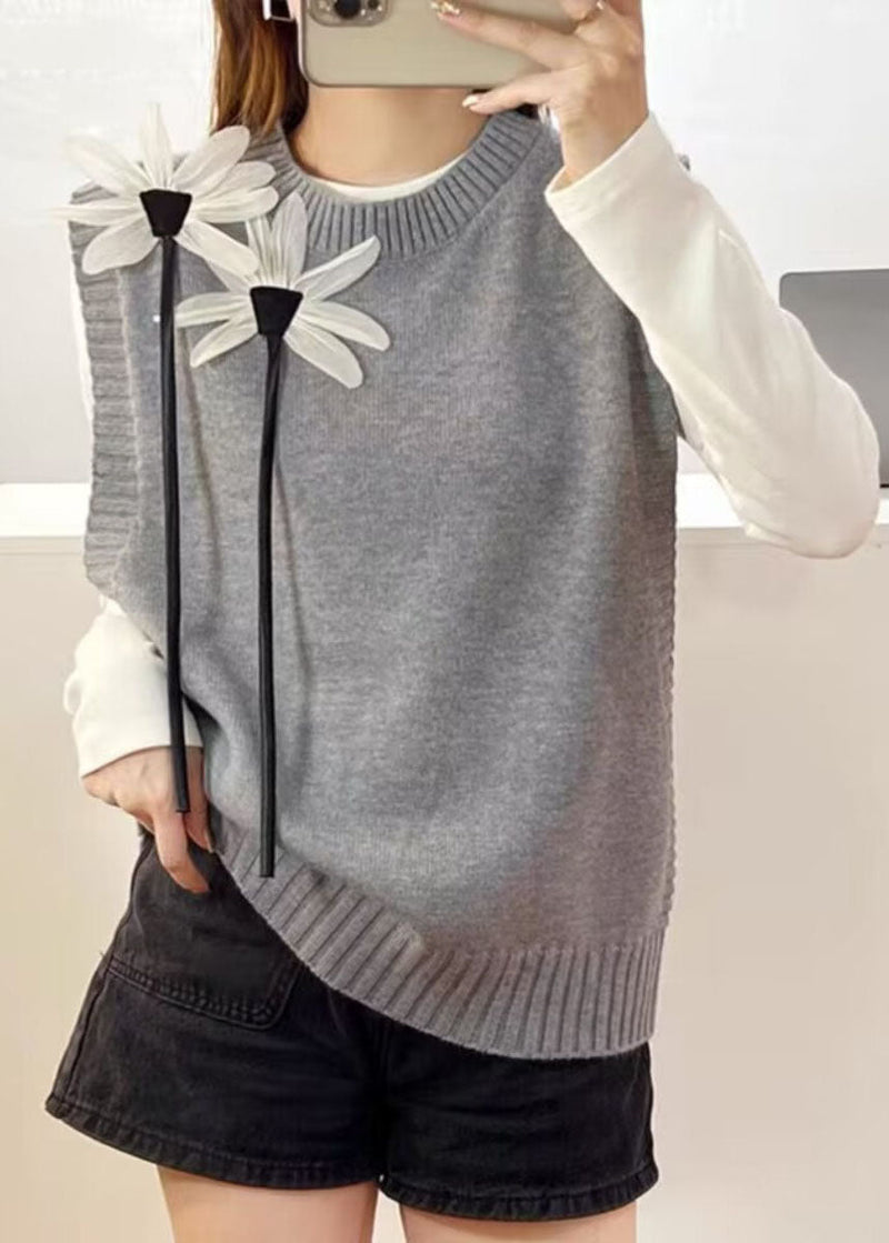 Loose Grey O-neck Knit Waistcoat Sleeveless