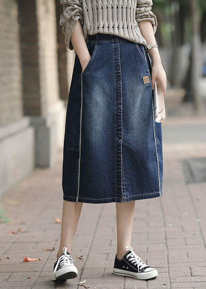 Denim Blue High Waist Pockets Patchwork Side Open Cotton Skirts Summer