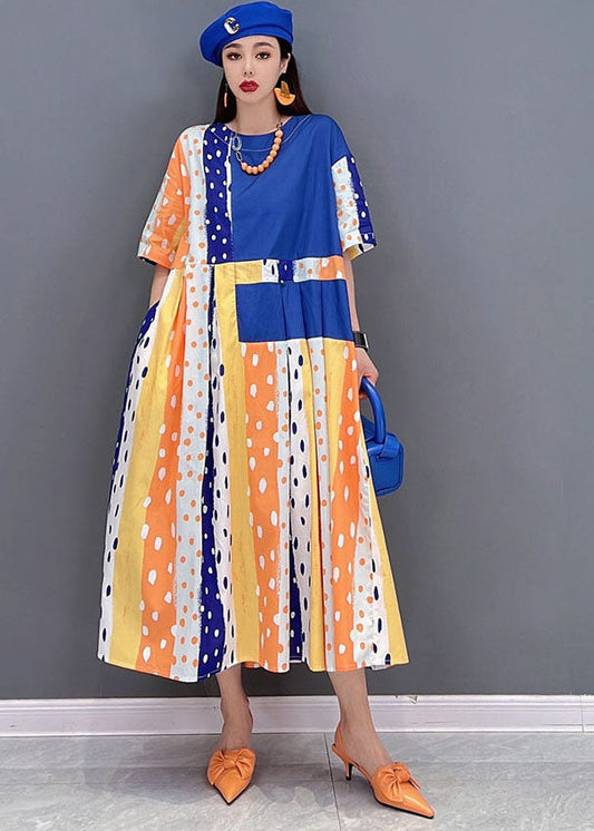 Blue Dot Print Patchwork Cotton Pleated Long Dress Short Sleeve