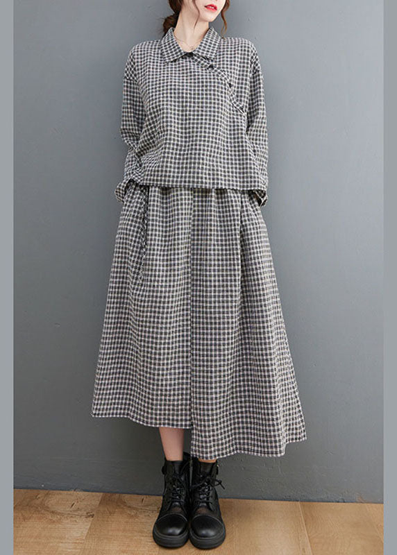 Fitted Black Plaidpeter Pan Collarbuttonasymmetrical Design Fall Holiday Dress Long Sleeve