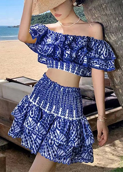 New Blue Hollow Out Tops and Skirts Cotton Two Piece Set Short Sleeve