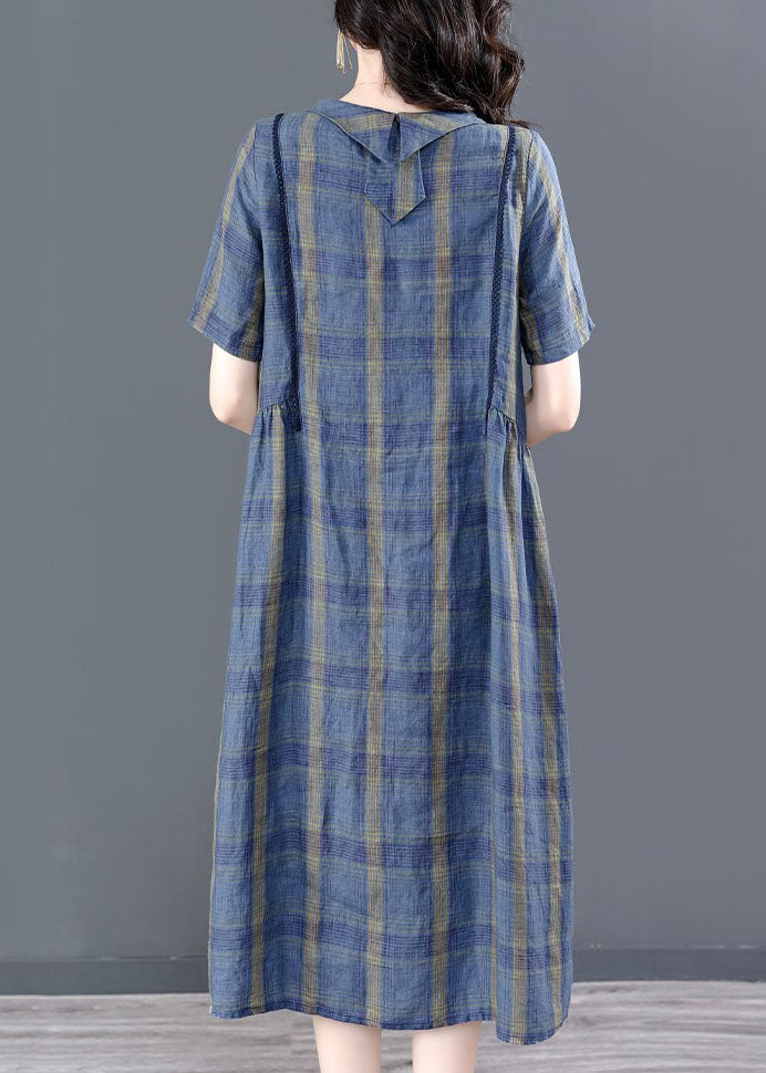 Blue O-neck Plaid Wrinkled Pockets Cotton Cinch Dress Short Sleeve