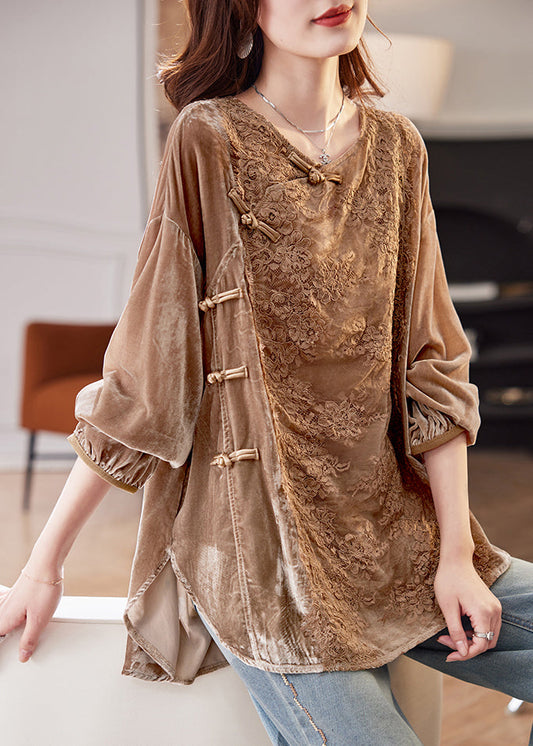 Coffee Lace Patchwork Side Open Silk Velour Shirt Spring