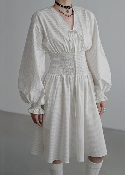 Beige Lace Up High Waist Cotton Dress V Neck Butterfly Sleeve