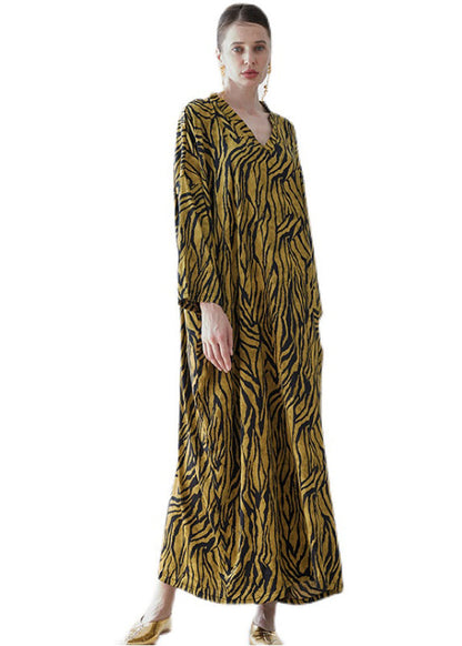 Yellow V Neck Print Patchwork Silk Robe Dresses Fall