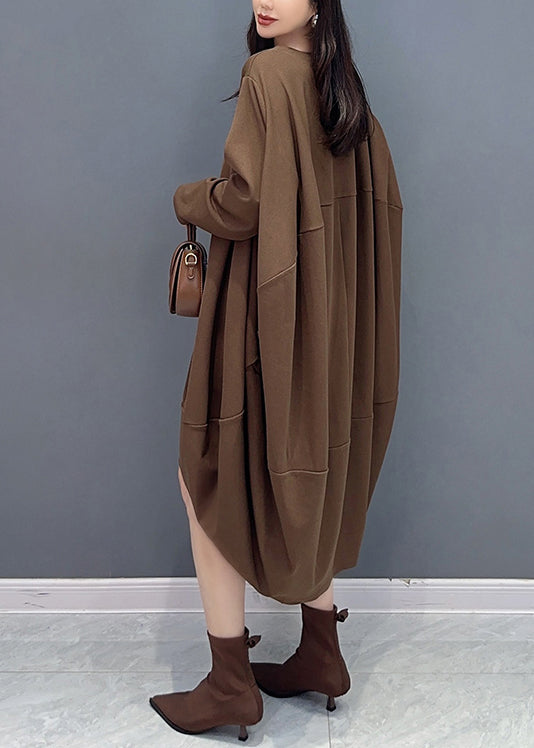 Coffee O Neck Low High Design Patchwork Cotton Dresses Fall