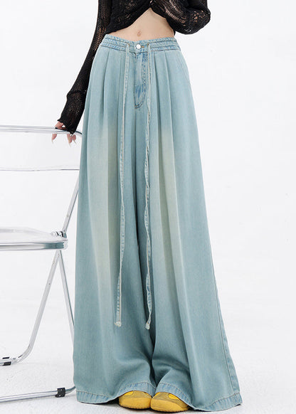 French Blue Lace Up Pockets Denim Wide Leg Pants Spring