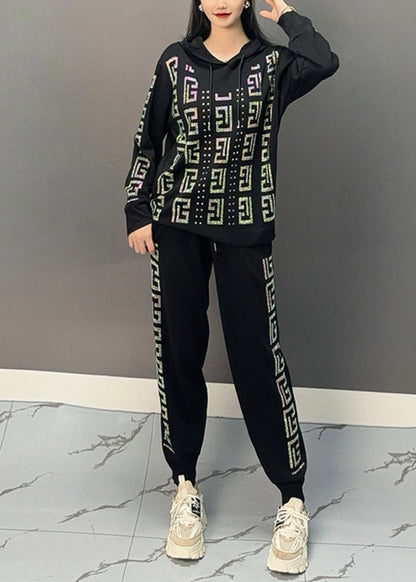 Black Print Hooded Top and Beam Pants Two Pieces Set Spring