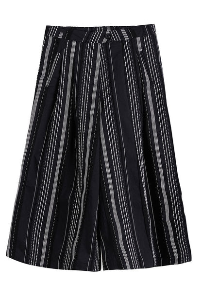 Black Striped Cotton Wide Leg Pants Spring