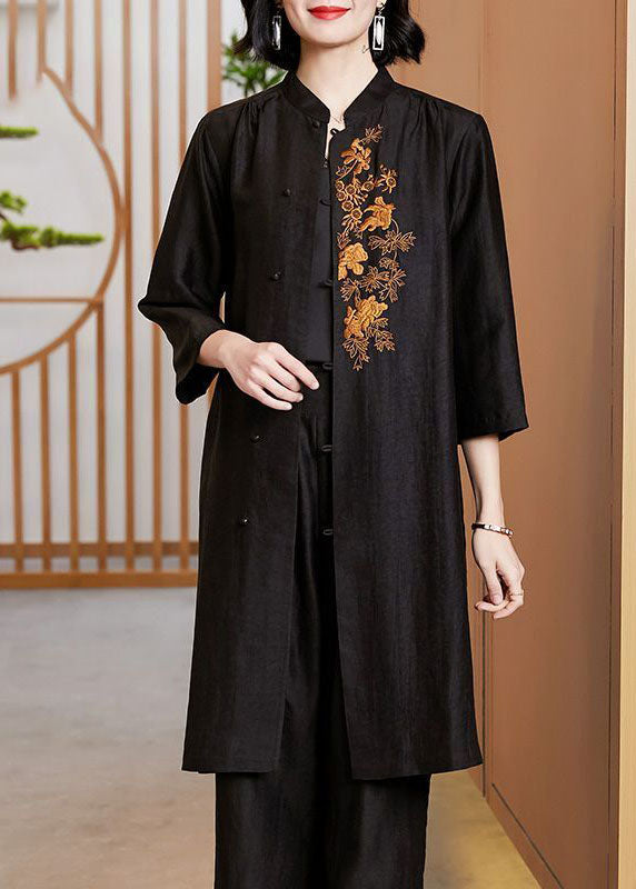 Art Black Stand Collarembroideried Silk Long Tops Bracelet Sleeve
