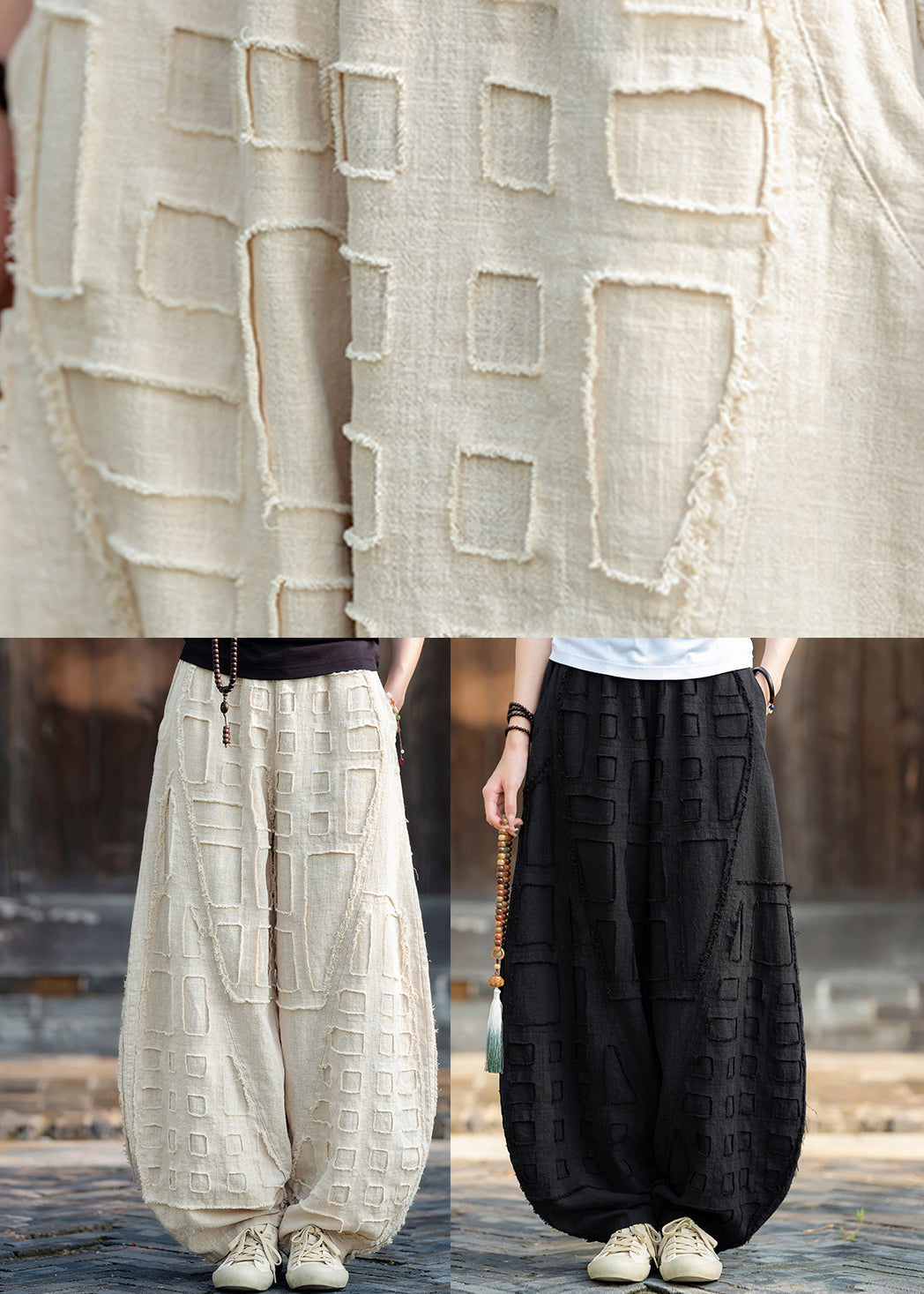 Beige Pockets Patchwork Linen Lantern Pants Spring