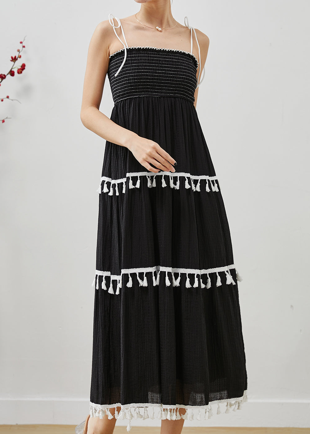 Black Tasseled Cotton Summer Spaghetti Strap Dress