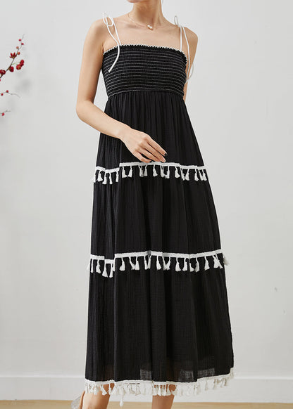 Black Tasseled Cotton Summer Spaghetti Strap Dress