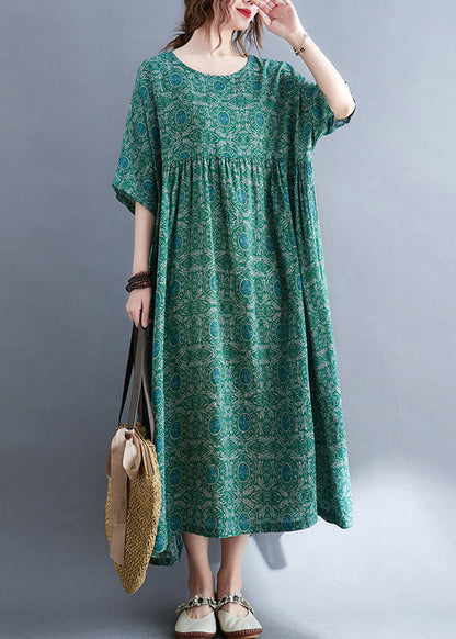 Green O-neck Print Patchwork Vacation Maxi Dresses Summer