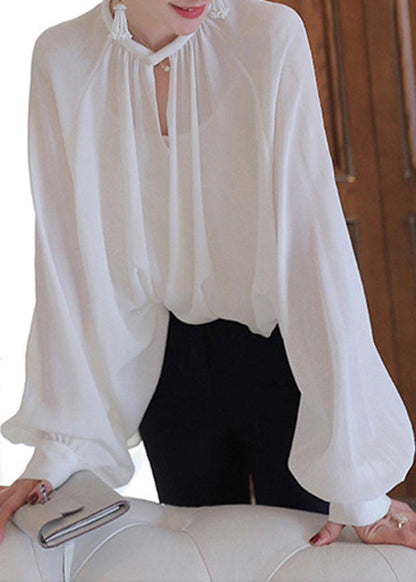 French White Button Chiffon Blouses Fall