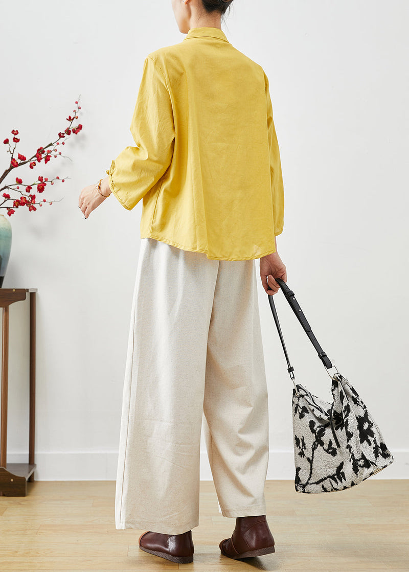 Yellow Stand Collar Chinese Button Cotton Two Pieces Set Fall